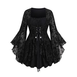 Rosegal Women Plus Size Flare Sleeves Ruffles Flower Lace Up 2 in 1 Top Long Sleeves Gothic Costume Top Bell Sleeves Twofer Tee(Black_5/3X)