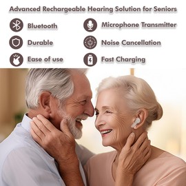 Bluetooth Hearing Aids Rechargeable with Noise Cancelling, Hearing Amplifier for Seniors, Ideal for TV Listening, Includes Remote Microphone, Digital Hearing Aid, White