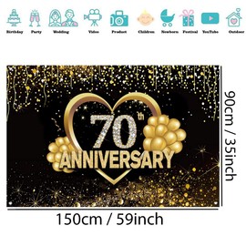 Happy 70th Anniversary Banner Background Decorations, Wedding Anniversary 70th Happy Anniversary Party Poster Accessories Fabric Sign Poster, Black Gold Anniversary Decor, 1.5m