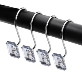 J&V TEXTILES Shower Curtain Hooks Rings, Rust Resistant Metal Double Glide Shower Hooks Rings for Bathroom Shower Rods Curtains, Set of 12 Hooks (Square Acrylic)