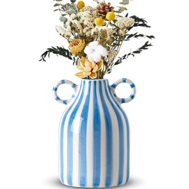 Jarrón de cerámica azul y blanco, jarrones pequeños a rayas modernos de mediados de siglo, para centro de mesa de flores y pampas, florero a cuadros azul y blanco para mesa de comedor, cocina, mesa,