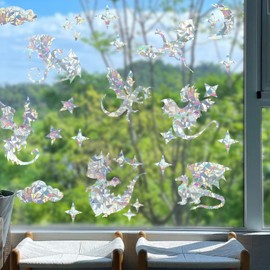 31 Pieces Fly Dragon Sun Catcher Window Clings for Glass Windows, Anti-Collision Stickers Star Moon Decals Prevent Bird Strikes, Rainbow Prismatic Clings Non Adhesive Window Deco