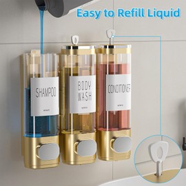 VITVITI Shampoo and Conditioner Dispenser for Shower Wall, Shower Soap Dispenser 3 Chamber No Drill Wall Mounted, 10.2 OZ Plastic Refillable Shower/Body Wash Bottles for Bathroom (Glod)