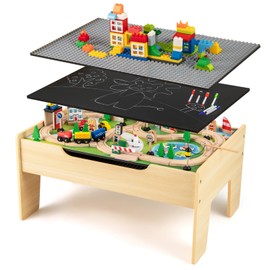 INFANS Train Table, 80 Pieces Wooden Kids Activity Toy Table Playset with Reversible Detachable Tabletop, Tracks, Train, Railway, City, Gift for Toddler Boys Girls Ages 3+ (31" x 22.5" x 15.5")
