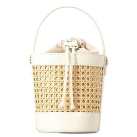 Rattan Bucket Bag for Women Straw Beach Bag Drawstring Crossbody Purse PU Leather Summer Shoulder Tote Bag Cute Hobo Bags, White, Small