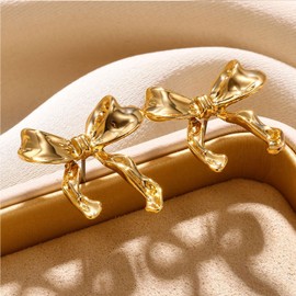 Gold Bow Earrings for Women Ribbon Earrings Gold Silver Bow Knot Earring Bow Stud Earrings Party Jewelry Gifts for Women (Gold)