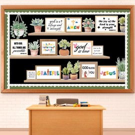 Justforjoyful Plant Inspirational Bulletin Board Set Jesus Bible Verse Learning Bulletin Board Christian Potted Motivational Cutouts Greenery Religious Classroom Wall Chalkboard Decor for Home School