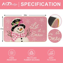 AnyDesign Christmas Outdoor Doormat Pink Snowman Floor Mat Let It Snow Non-Slip Decorative Entrance Door Rugs for Xmas Home Front Door Bathroom Porch, 17 x 29 Inch