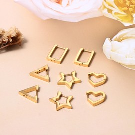 Flongo Creole Gold Earrings Unisex: Heart Star Rectangular Stainless Steel Chunky Small Huggie Hoop Earrings Geometric Earrings Hypoallergenic Stud Earrings for Men Women Silver Black, Stainless Steel