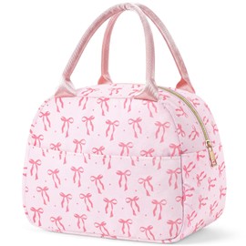 Cunno Insulated Nylon Lunch Bag for Women Man Adult Lightweight Pink Bow Food Box Leakproof Cooler Food Containers Reusable Large Capacity Water Resistant Lunch Bag for Work Picnic or Travel