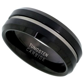 Black Tungsten Carbide 8 mm Flat Wedding Band Ring Grooved Center Brushed Finish Beveled Edges Size 12.5