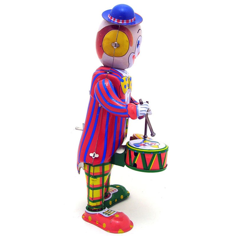 Vintage Wind Up Tin Toy Drumming Circus Clown Robot Clockwork