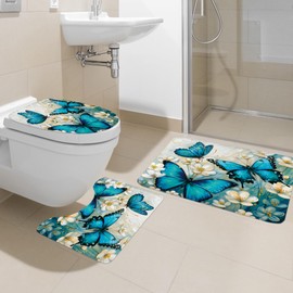 Ufeela 4 PCS Green Blue Butterfly Shower Curtain Set 72Wx72H Inch Floral Boho Watercolor Complete Bathroom Set Non-Slip Bath Rug Toilet Lid Cover and U Shape Mat Accessories 12 Hooks Bathoom Decor