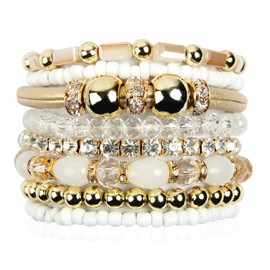 RIAH FASHION Bohemian Bead Multi Layer Versatile Statement Bracelets - Metallic, Sparkly Crystal, Stackable Stretch Leatherette Bangle Set (Leatherette Mix - Natural)