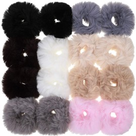 16 Pieces Rabbit Fur Hair Accessories: Fluffy Scrunchies, Pom Pom Hair Ties, and Elastic Ponytail Holders for Women and Girls (Color Set 1)