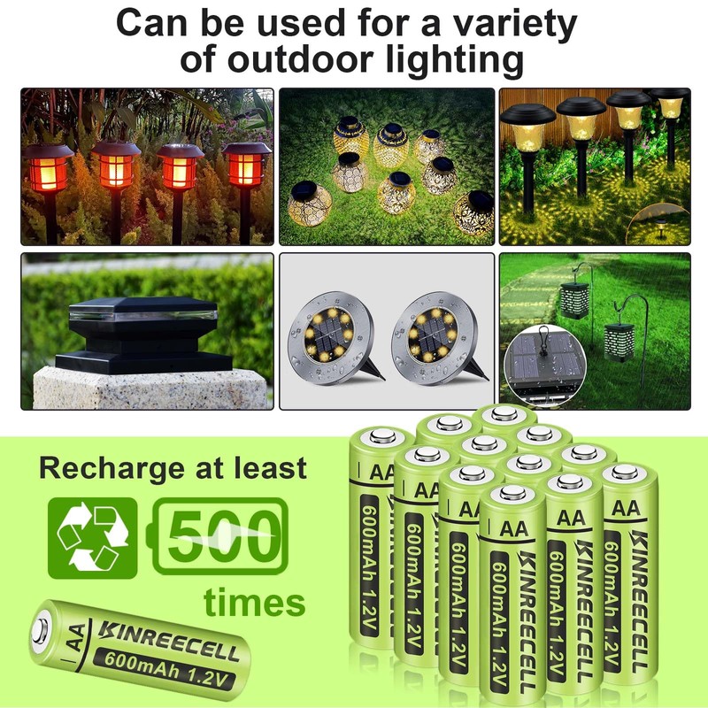 KINREECELL Rechargeable AA 600mAh Batteries, Ni-MH Double A Solar Batteries