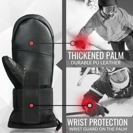 devembr Ski Mittens with Wrist Guards, Waterproof Snowboarding Mittens, Black, L