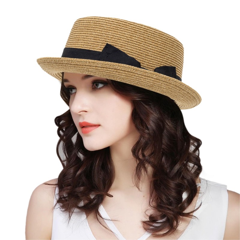 Pork-Pie-Hat-for-Men-Women Straw-Boater-Hat - Classic Boater Derby Sun Hats with Grosgrain