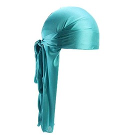 Fxhixiy Satin Silk Extra Long-Tail Durag Headwraps Pirate Cap Bandana Headwear Caps for Hair Waves (Turquoise)