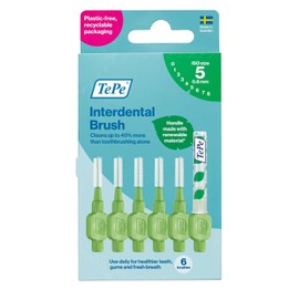 TEPE - cepillo interdental original, cepillo dental suave para limpieza de dientes, paquete de 6, 0,8 mm, espacios grandes, verde, tamaño 5