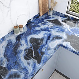 WESTICK Glossy Blue Marble Couner Top Peel and Stick Waterproof 15.8"x200" Marble Contact Paper Kitchen Countertop Wallpaper Removable Cracked Granite Vinyl Wrap for Bathroom Table Covers Cabinets