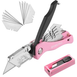 WORKPRO Folding Utility Knife Quick Change Box Cutter Pink Razor Knife 15 Blades