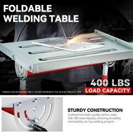 Auto Dynasty Welding Table Foldable with Carbon Steel Portable Work Bench Adjustable Angle Height 2 Fixed Wheels Max Capacity Load 400 lbs, 30" x 20", Red