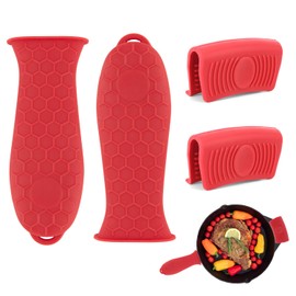 4 PCS Cast Iron Handle Cover Silicone Red Pot Holders Cast Iron Skillet Handle Covers Heat Resistant Silicone Hot Handle Holder Cast Irons Handle Sleeve for Pans Frying Cookware Cast Iron Skillet