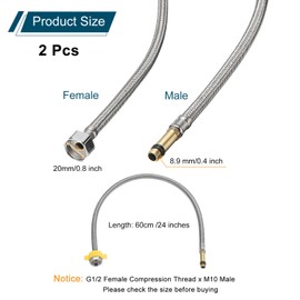 sourcing map 2Pcs 24" Faucet Supply Lines Connector Stainless Steel Braided Long Faucet Connector G1/2 Female Compression Thread x M10 Male Connector for Kitchen Sink Bathroom (Silver)