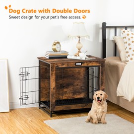 Dog Crate Furniture, 25.5" Small Dog Kennel Indoor, Wooden Cage with Pull-Out Tray, Double Doors Pet House Side End Table for Small/Medium Dogs, Rustic Brown BF642GW03G1