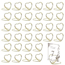 32Pcs Metal Double Heart Steel Photo Holders Golden Picture Stand Name Clips Picture Photo Display Heart Place Card Holders for Wedding Reception Party Office