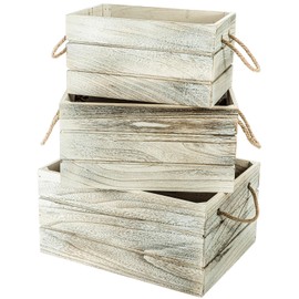 Gasuuo Wood Storage Crates,Handmade Wooden Crates Boxes Rustic Baskets Boxes Container with Jute Rope Handles for Decor, Farmhouse,Indoor, Plant Fruit Display,Clothes Organzing,White,3 pack