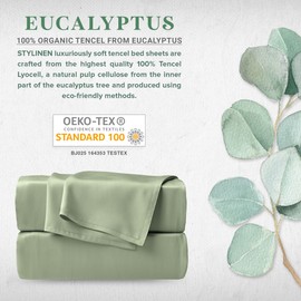 Stylinen 100% Organic Eucalyptus Bed Sheets Queen Size 4 Piece Set, Tencel Lyocell, Silky Soft & Smooth, Breathable, 16 Inch Deep Pockets, 1 Fitted, 1 Flat, 2 Pillowcases (Queen, Sage)
