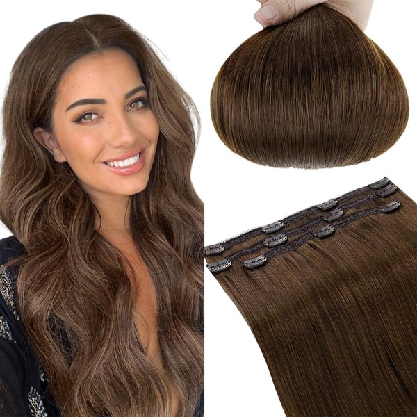 RUNATURE Brown Clip In Real Hair Extensions 40 cm / 16 Inches Invisible Clip-In Real Hair Extensions 3 Pieces / 50 g Clip-On Human Hair Extensions Straight Hair Easy Fit Colour #4 Brown