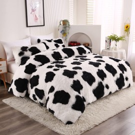 Kids Girls Faux Fur Cow Print Comforter Sets Twin/Full - 3PC Bed Set Skin Friendly Soft Warm Comfortable Classical Rabbit Plush Velvet Flannel Fluffy Fuzzy Bedding（Comforter x 1 Pillowcases x 2）
