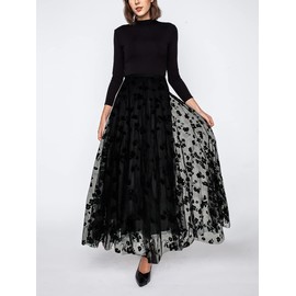 Velinsak Skirts for Women Midi Long Length Pleated High Waisted Tulle Skirt Floral A-Line Flowy Skirts Black S-M