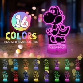 Japan Anime Yoshi Night Light for Children 3D LED Illusion Lamp 16 Colours Yoshi Toy Light USB Smart Touch Remote Control Table Lamp Yoshi Gift for Children's Room Decoration Holiday Gifts