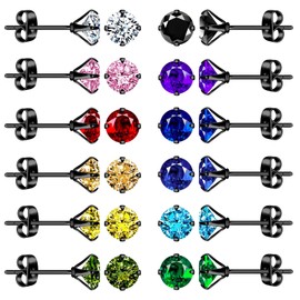 CPSLOVE Womens Mens Stainless Steel Four Claw Zircon Earrings Studs Elegant Diameter 4mm Solitaire Earrings for Girls Sparkling Coloured Zircon Studs Set of 12 Pairs