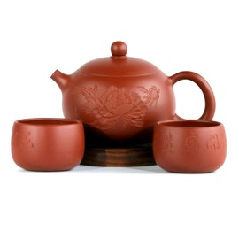 SILINE Zisha Teapot Set Chinese Yixing Clay Tea Pot 11 Oz with 2 Cups,Personal Tea Maker Set,Masterpieces -Peony