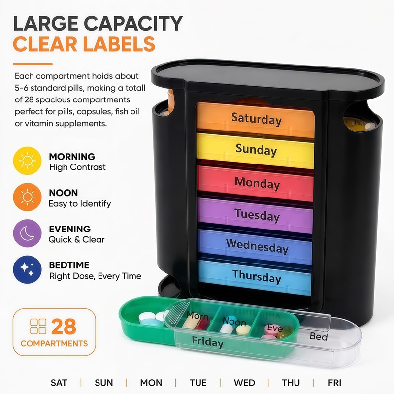 7-Day Pill Box with 28 Large Compartments, Four Times Daily