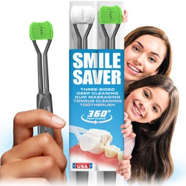 SMILE SAVER 360° Deep Clean 3-Sided Toothbrush | 2-Pack | Deep Cleaning + Gentle Gum Massage + Tongue Cleaner | Adults Children Braces Travel Gift Kids (White & Neon - Charcoal Handles)