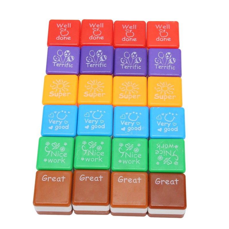 24PCS Teacher Stamps Reusable English Homework Encouraging Grading Stamp for