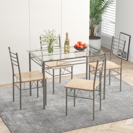 Tangkula Dining Table Set for 4, 5 Pieces Dining Set with Tempered Glass Top Table and 4 Chairs, Kitchen Dining Room Furniture, White