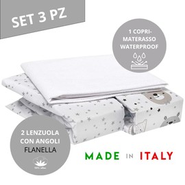 Flyideas Set of 3 2 Flannel Fitted Sheets + 1 Waterproof Mattress Protector for Next to Me Extra Cot 83 x 50 cm - 100% Warm, Soft Cotton Sheet for Babies and Newborns, Perfect for Winter
