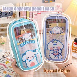 Kawaii Pencil Case Aesthetic for Girls Portable Cute Bear Rabbit Pencil Case for Girls Transparent Large Capacity School Supplies for Teen Girls, a, pencil case