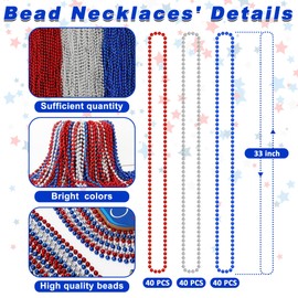 Huskein 120 PCS 4th of July Necklace, 33" Red Silver Blue Metallic Beaded Necklaces, Independence Day Party Accessories Patriotic Bead Necklace for Memorial Day Fourth of July Parades Party Supplies
