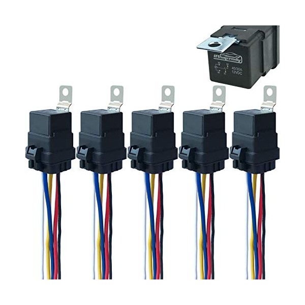 5 Pack 40/30 AMP 12 V DC Waterproof Relay and Harness - Heavy Duty 12 AWG Tinned Copper Wires, 5-PIN SPDT Bosch Style Automotive Relay