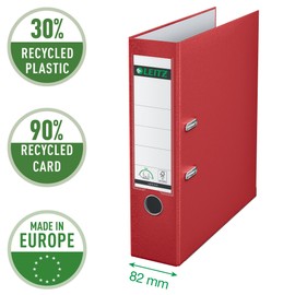 Leitz Plastic Lever Arch File, 90 Percent Recycled Card, 30 Percent Pre-consumer Recycled Plastic, With Thumbhole and Rado Rings, 80mm Spine 600 Sheet Capacity, Red, 10101025