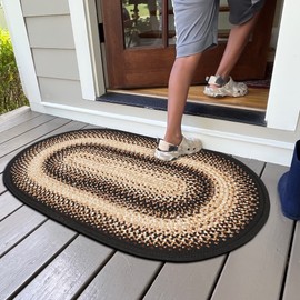 Homespice Black Mist Small Braided Rugs 16x24 Oval, The Perfect Black Bathroom Mat, Black Kitchen Rug and Entrance Rug