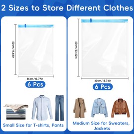 12 Pack Reusable Roll Up Vacuum Storage Bags, Manually Medium Vacuum Bags for Travel, Suction Bags for Storage, No Pump or Vacuum Needed（6PCS 35X50cm, 6PCS 40X60cm）